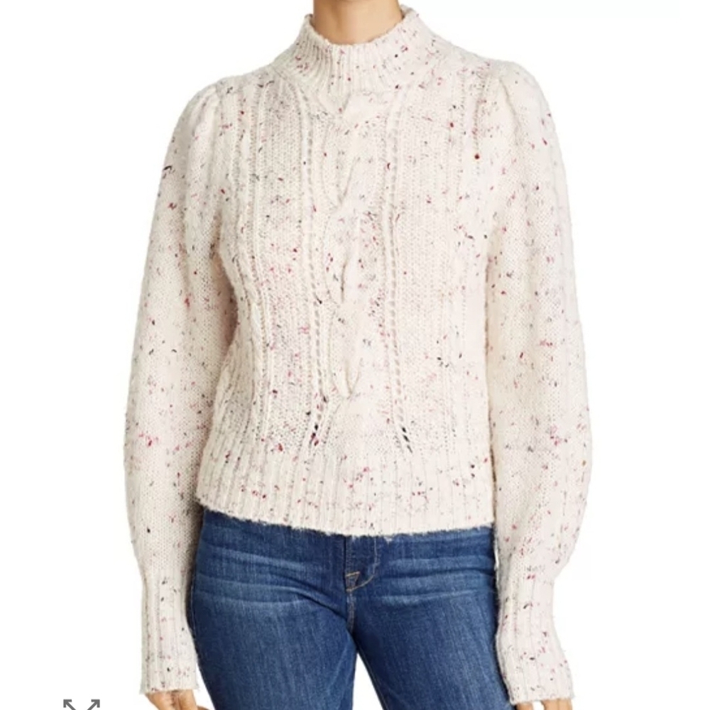 Rebecca Taylor Speckled Turtleneck Cable Knit Sweater Puff Sleeve Cream Pink Sm